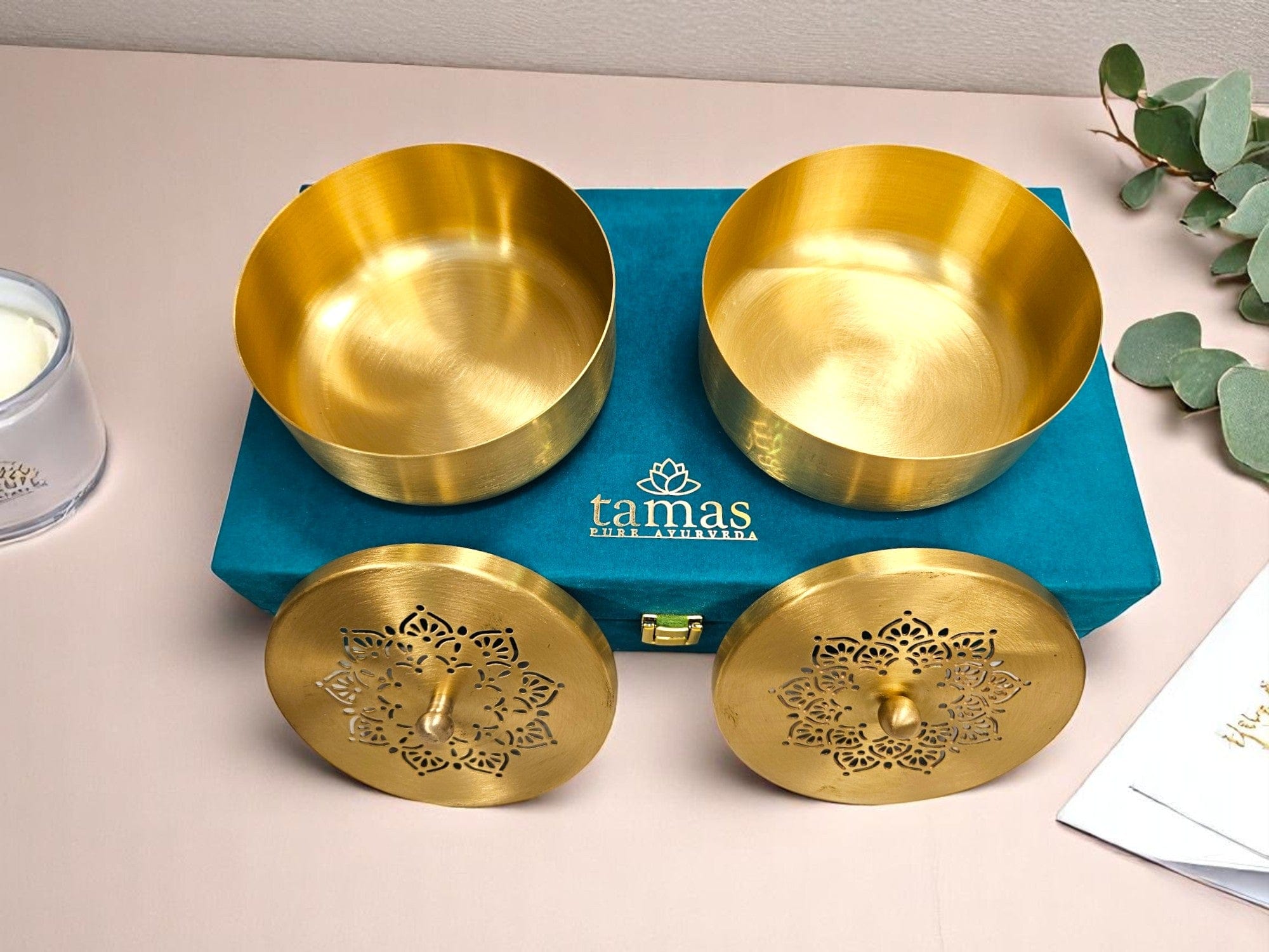 Handcrafted brass serving bowl set with designer lids in a teal velvet box – premium traditional kitchenware by Tamas Ayurveda